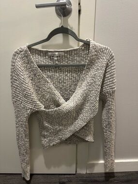 Lovers + Friends Heather Gray Cropped Wrap V-Neck Sweater
